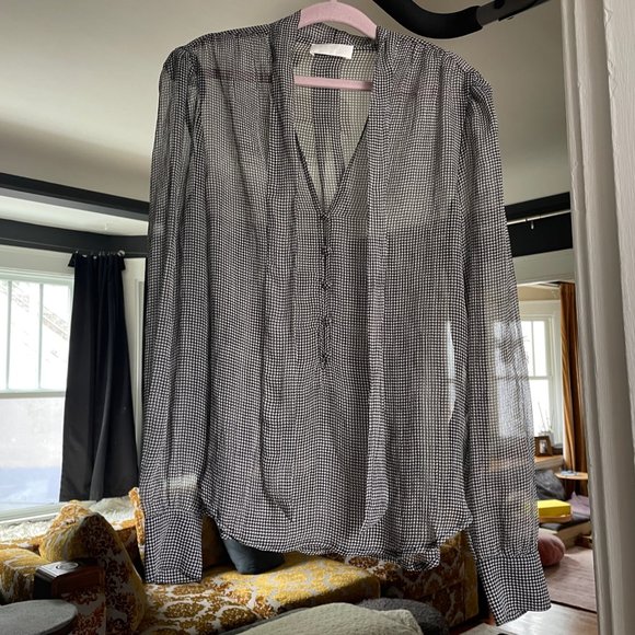 7 For All Mankind Houndstooth Chiffon Tie Neck Silk Blouse - Picture 3 of 11